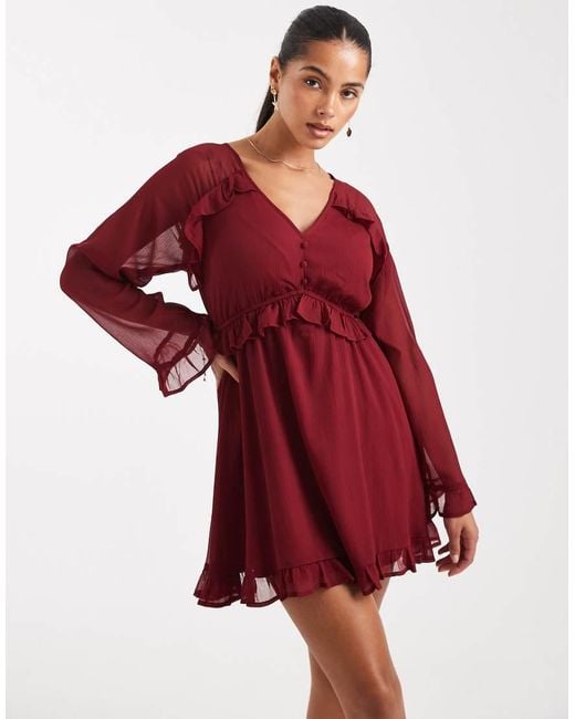 Wednesday's Girl Red Floaty V-Neck Mini Smock Dress