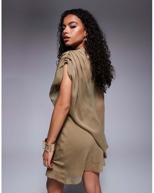 ASOS Natural Asos Design Petite High Neck Draped Asymmetric Mini Dress With Cut Out