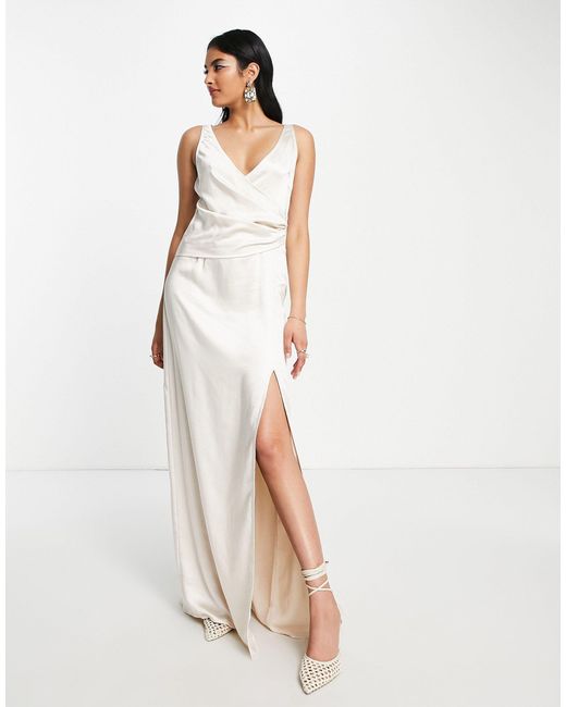 Pretty Lavish Bridesmaid Satin Wrap Maxi Dress in Natural | Lyst
