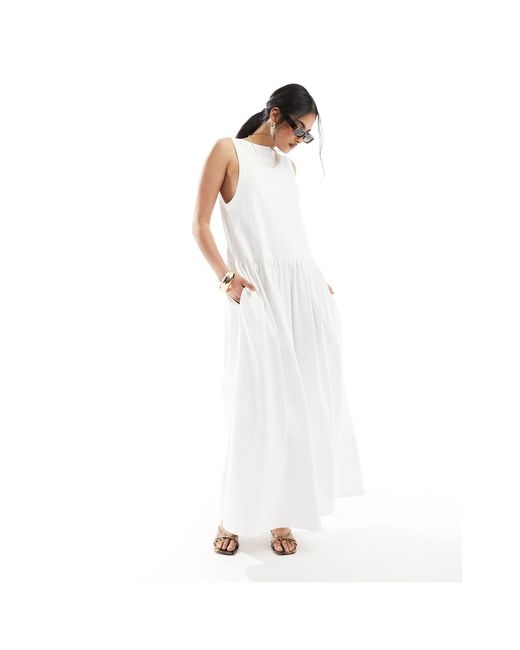 ASOS White Sleeveless Smock Maxi Dress With Low Back And Pockets