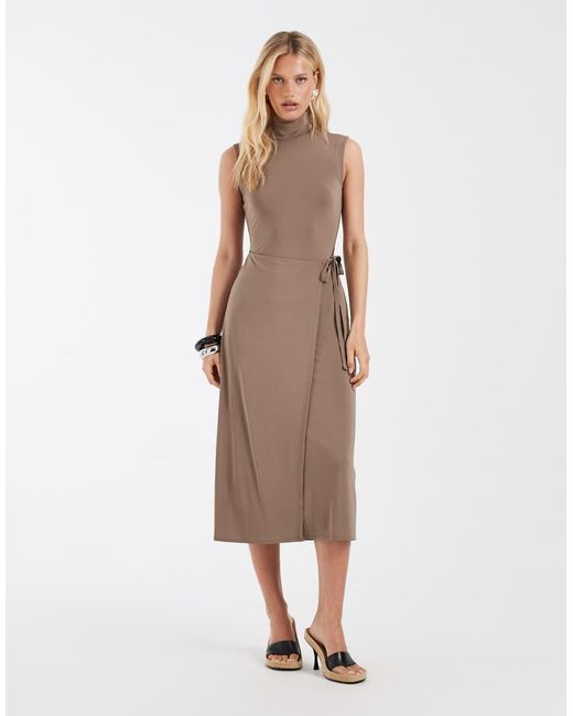 & Other Stories Green Funnel Neck Tie Waist Midi Dress