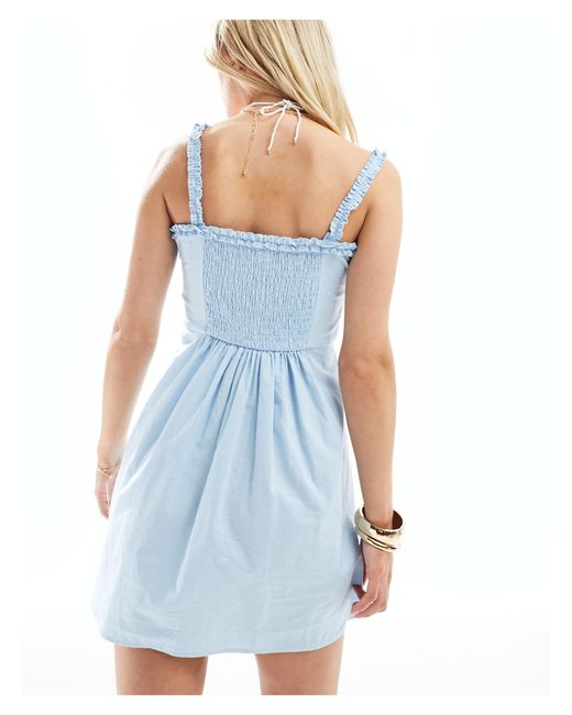 ASOS Blue Asos Design Petite Cotton Linen Ruffle Trim Mini Dress