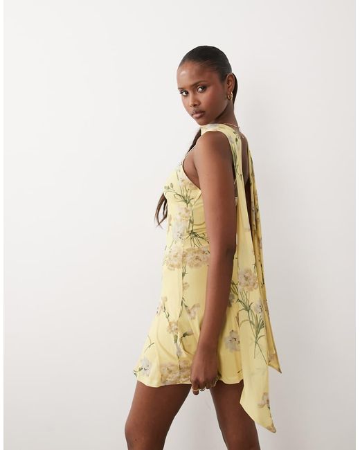 ASOS Natural Printed Mesh Scarf Detail Godet Mini Dress