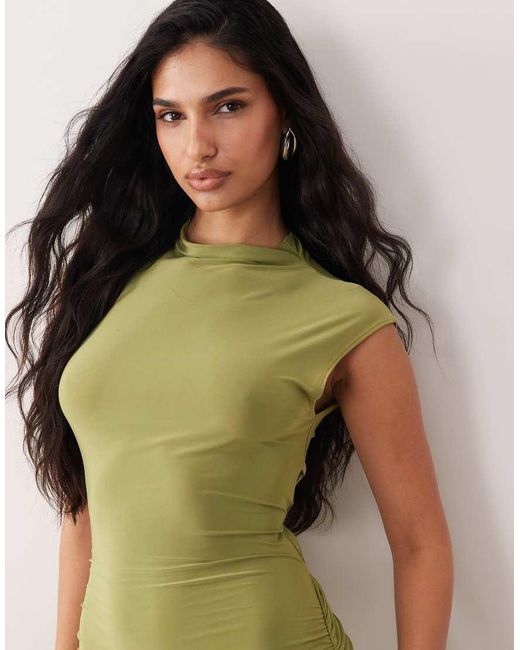 ASOS Green Cap Sleeve Maxi Dress With Lace Up Detail And Ruching
