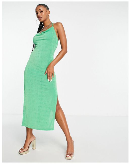 ASOS Tie Shoulder Cowl Neck Slinky Beach Midaxi Dress in Green | Lyst