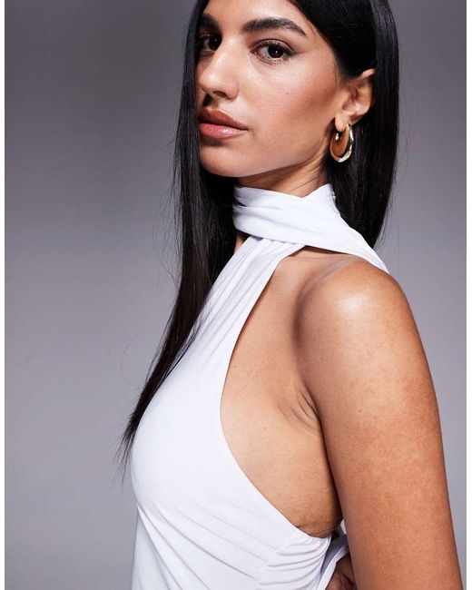 Fashionkilla White Exclusive Slinky Double Sculpted Halterneck Scarf Detail Mini Dress