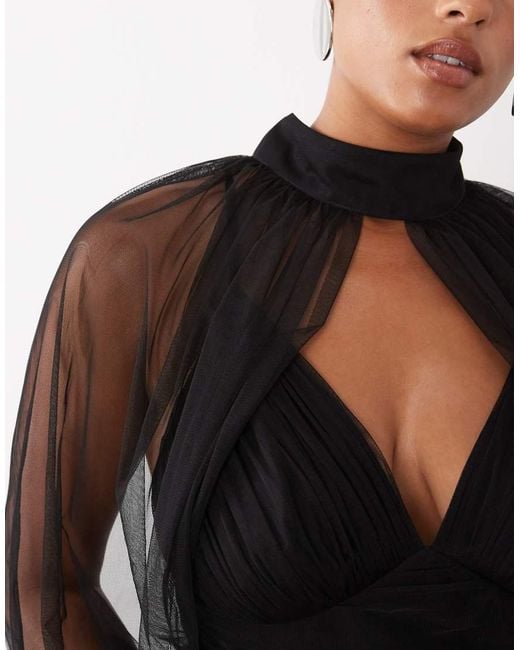 Lace & Beads Plus Black Tulle Sheer Balloon Sleeve High Neck Plunge Neck Maxi Dress