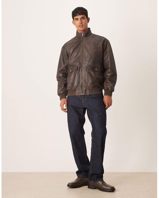ASOS – bomberjacke im vintage-look aus braunem echtleder in Brown für Herren