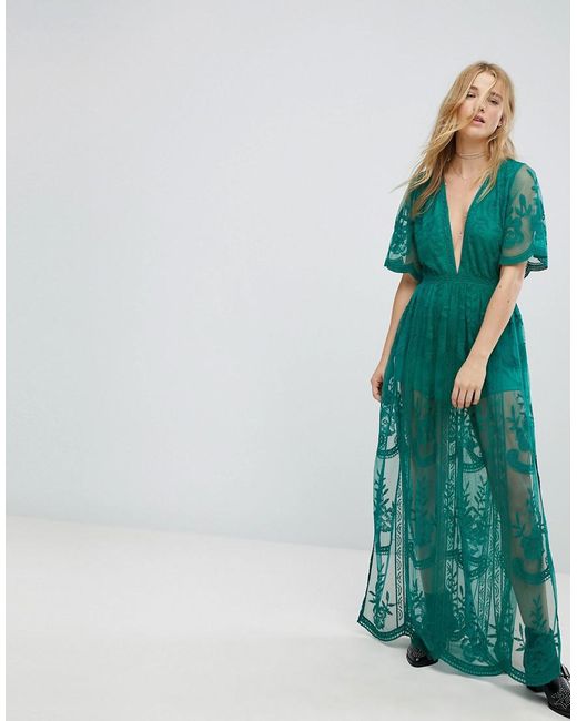 Honey Punch Green Maxi Dress In Premium Lace With Kimono Sleeves