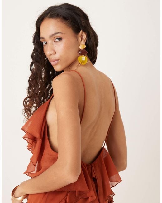 ASOS Brown Washed Satin Cami Maxi Dress With Chiffon Mix Ruffles And Full Hem