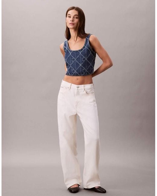 Calvin Klein Blue Laser Cut Repeat Logo Denim Bralette Top