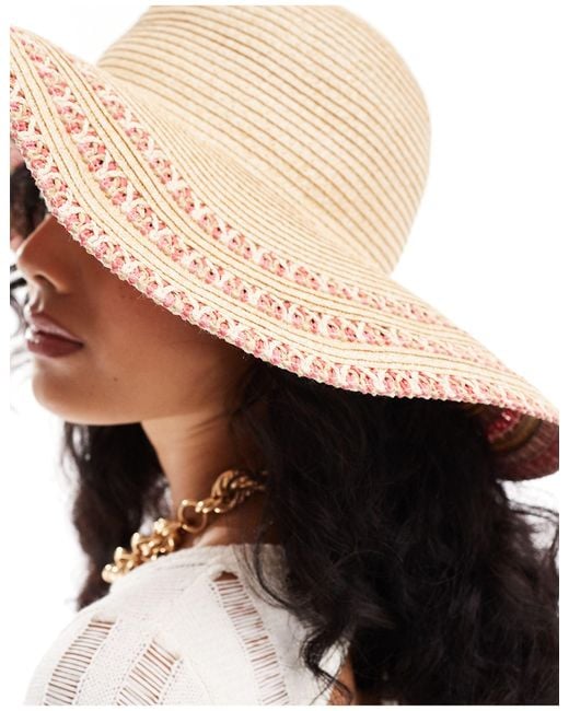 Accessorize Natural Wide Brim Summer Hat With Pink Stitching