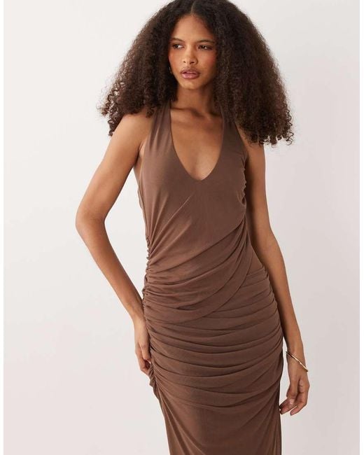 SNDY'S Brown Halterneck Mesh Insert Drape Detail Maxi Dress