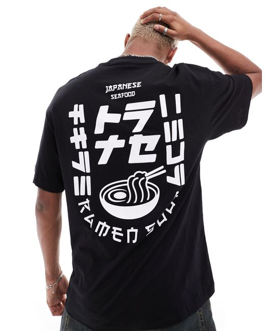 T-shirt oversize nera con stampa di ramen sul retro di Jack & Jones in Black da Uomo