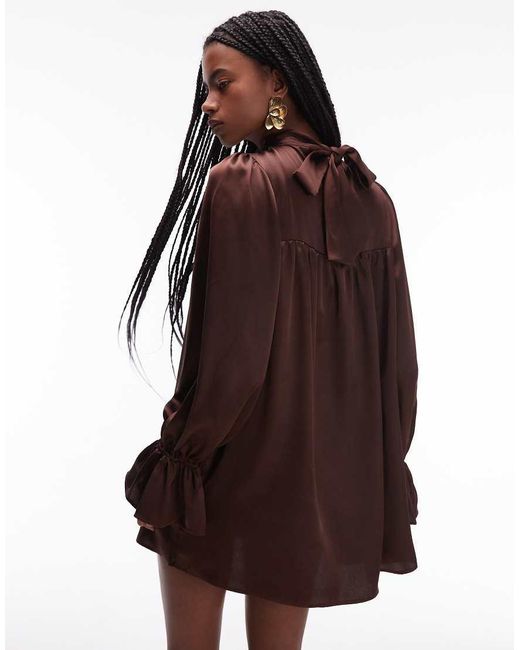 ASOS Brown Satin High Neck Blouson Sleeve Mini Dress