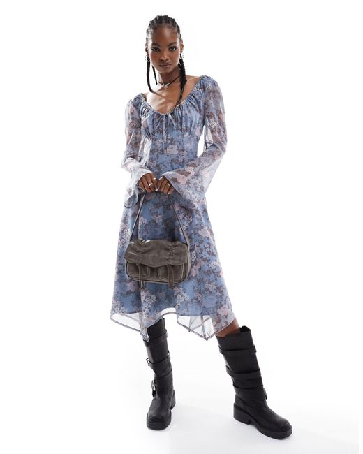 Reclaimed (vintage) Blue Midi Long Sleeve Tea Dress
