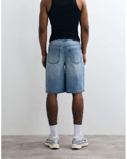 Liquor N Poker White All Over Rhinstone Denim Jorts for men