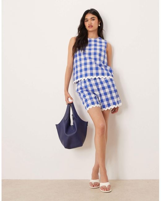 Y.A.S Blue High Waisted Gingham Shorts Co-ord With Scallop Trims