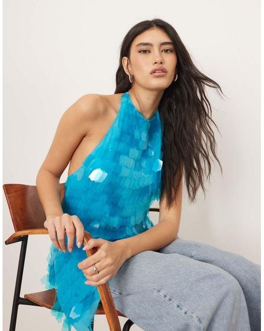ARRANGE Blue Embellished Shard Sequin Longline Halter Neck Top