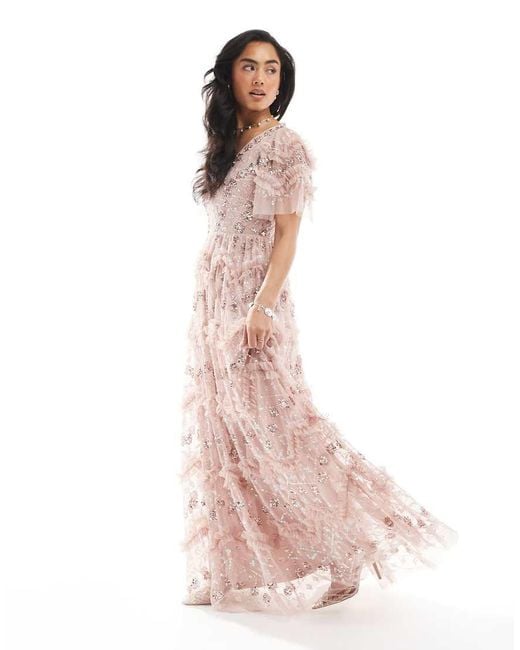 Maya Pink Fully Embellished Short Sleeve V Neck Ruffle Maxi Dress