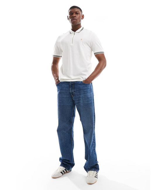 Farah White Netton Short Sleeve Zip Neck Tipped Polo Shirt for men