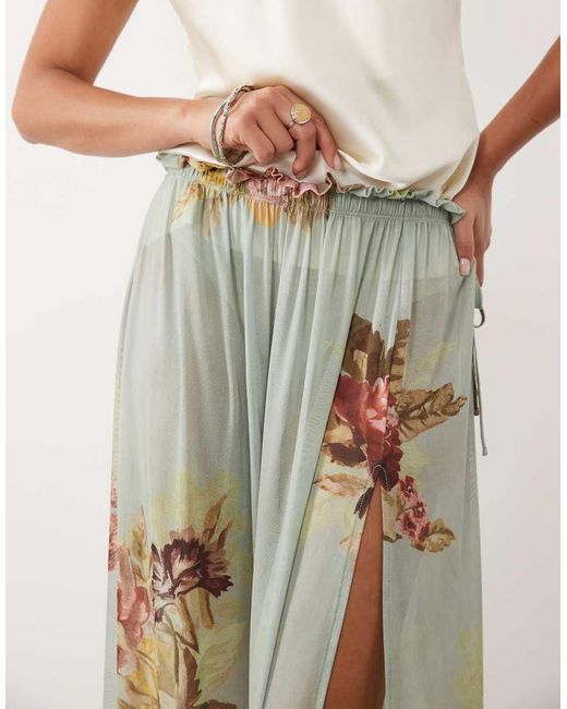 ASOS Natural Printed Mesh Paperbag Maxi Skirt