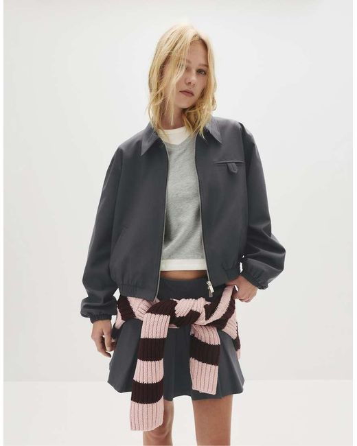 Pull&Bear Gray Bomber Jacket With Zipper