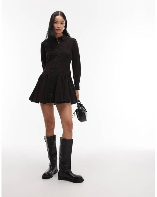 Vestido Camisero Negro Lavado Con Cintura Entallada Y Godets De Pana De ASOS de color Black