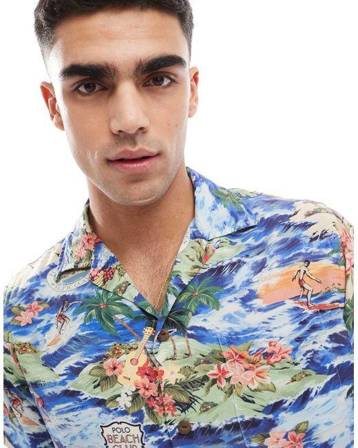 Polo Ralph Lauren – kurzärmliges, mehrfarbiges hemd aus rayon mit reverskragen, klassischer passform und surf-landschaftsprint in Blue für Herren