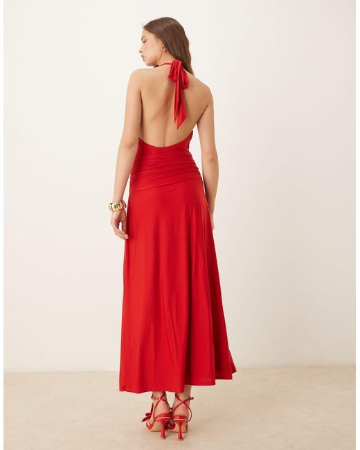 Abercrombie & Fitch Red Halter Neck Elevated Jersey Knot Front Maxi Dress
