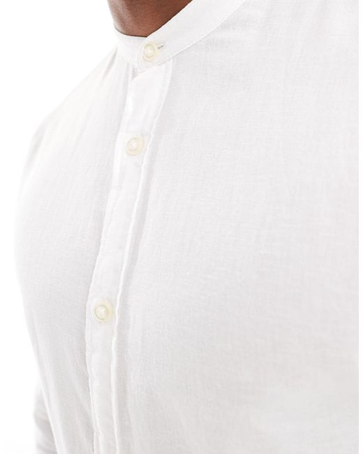 Jack & Jones White Linen Shirt With Grandad Neck for men