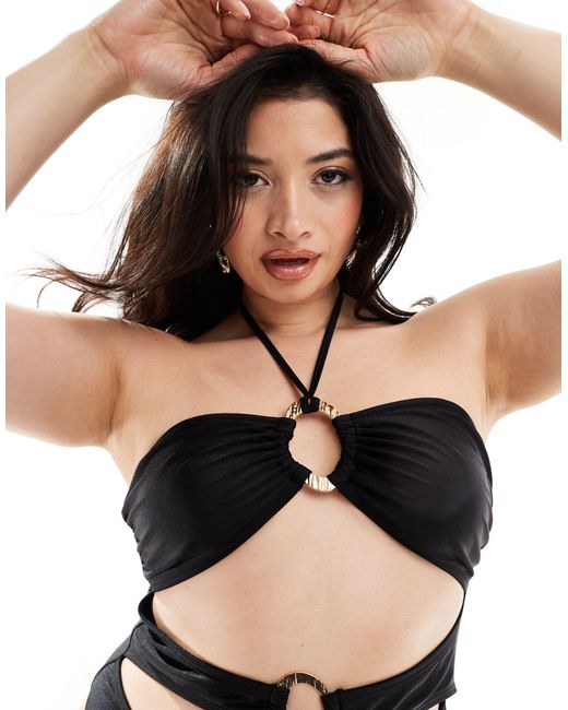 South Beach Black Gold Buckle Cut Out Front Halter Swimsuit