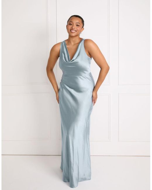 Six Stories Blue Bridesmaid Satin Cowl V Neck Maxi Dress