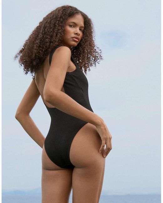 4th & Reckless Black Crinkle Scoop Neck Low Back Swimsuit