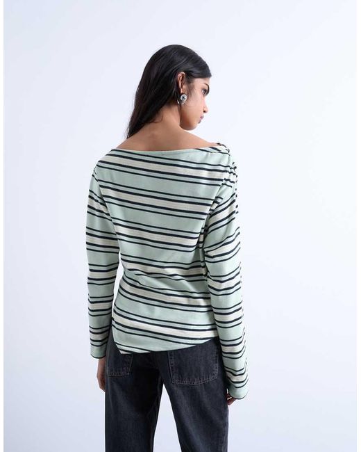 Top Verde A Rayas Asimétrico De Manga Larga De Punto Liso De TOPSHOP de color White
