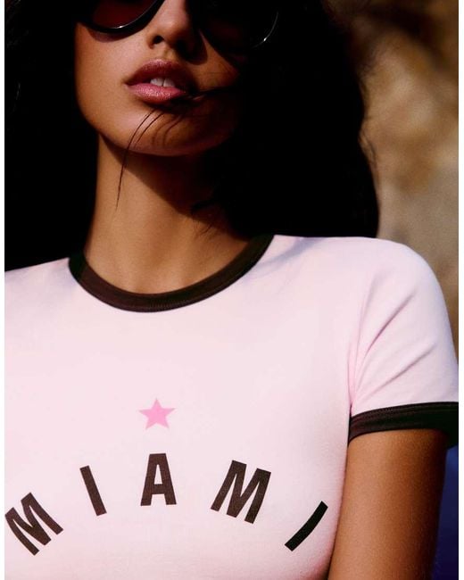 Bershka Pink Contrast Print Fitted T-shirt