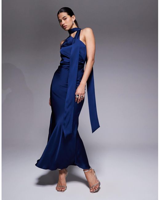 Aria Cove Blue Satin Ruched Side Scarf Detail Maxi Dress