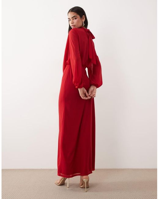 DASKA Red Chiffon Draped Bodice Maxi Dress