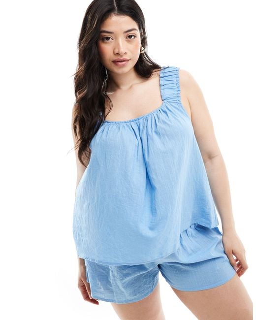 Loungeable Blue Curve Cotton Smocked Cami Top And Short Pyjama Set