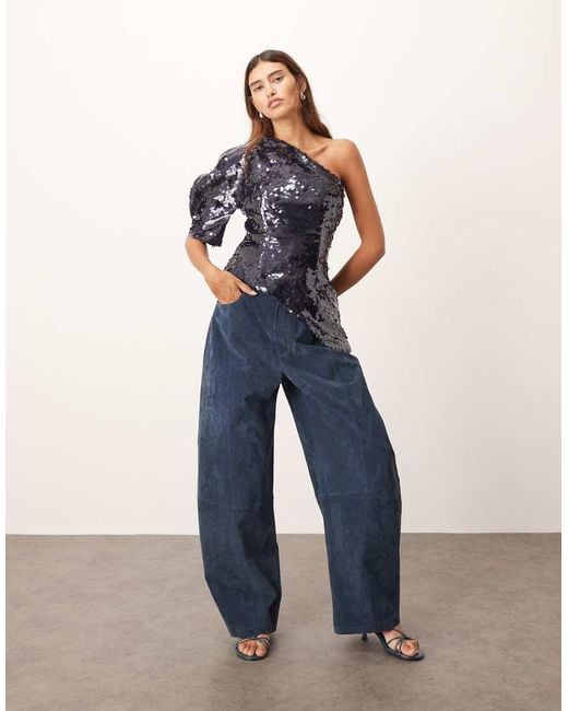 ARRANGE Blue Sculptural One Shoulder Sequin Top