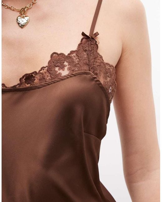 Monki Brown Lace Detail Satin Slip Mini Dress
