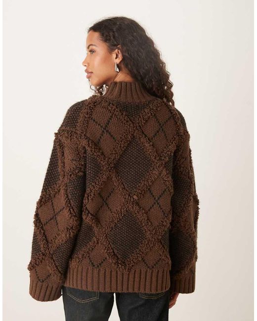 ASOS Brown Fringed Check Oversized Jumper