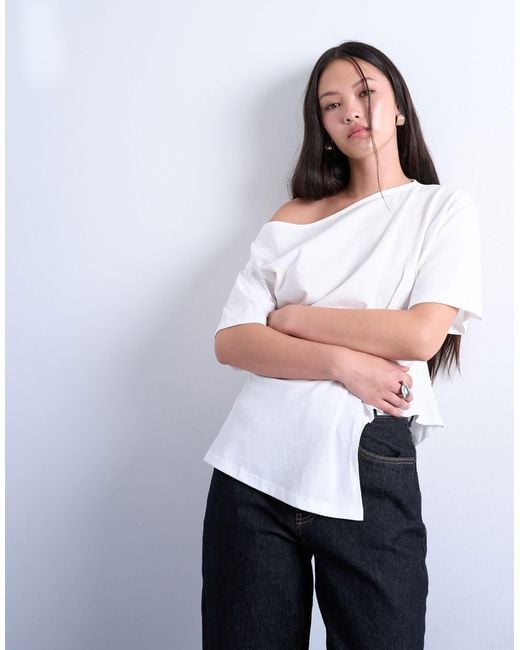 TOPSHOP White Off Shoulder Asymmetric Top With Cinch Detail