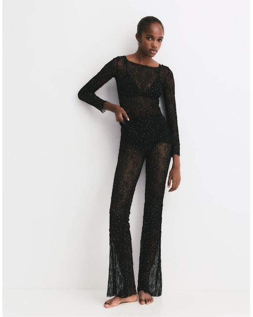 Pull&Bear Black Flared Lace Trousers With Rhinestones