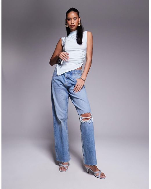ASOS Blue Grown On High Neck Gathered Asymmetrical Hem Top