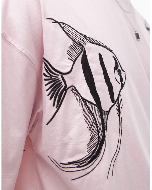 Topman Pink Extreme Oversized Fit T-shirt With Animal Embroidery for men