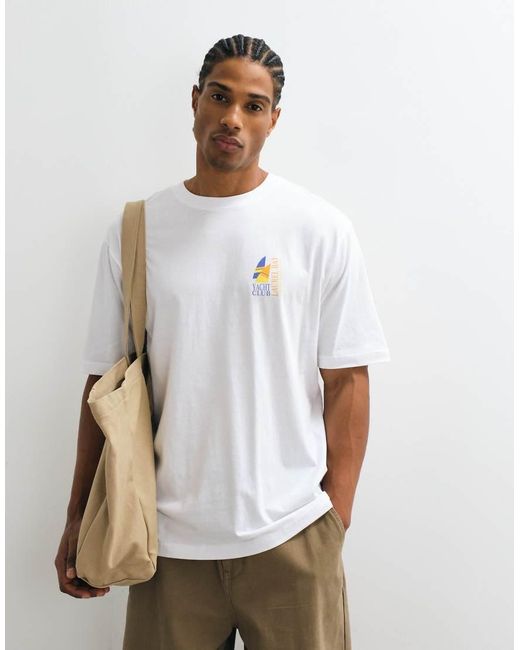 Only & Sons White Oversized Fit T-shirt With Yacht Club Back Print for men
