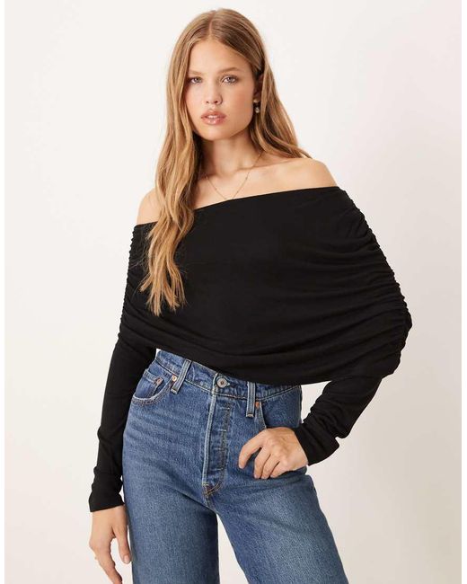 Gina Tricot Blue Long Sleeve Sloped Drapey Shoulder Cape Top