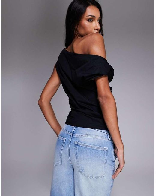 GOOD AMERICAN Black Poplin Off Shoulder Top