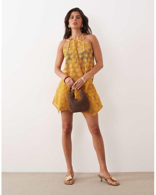 Noughts & Kisses Yellow Crochet Halterneck Scarf Top